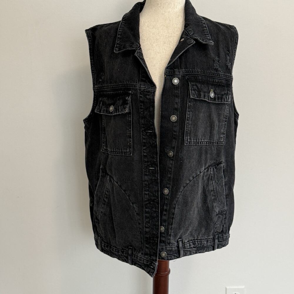 We The Free Black Denim Jean Vest Small Boxy Oversized Distressed
